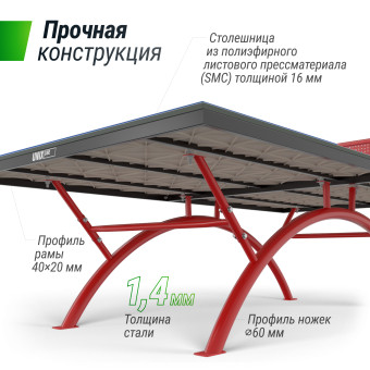 Антивандальный теннисный стол UNIX Line 14 mm SMC (Серый/Красный)