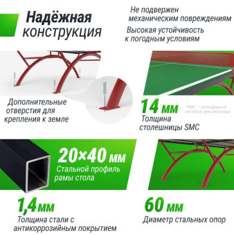Антивандальный теннисный стол UNIX Line 14 mm SMC (Зелено-Красный)