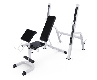 Скамья со стойками под штангу DFC GORILLA с партой для бицепса (белая)