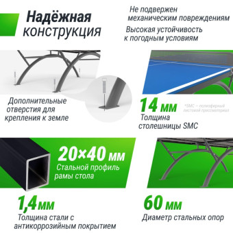 Антивандальный теннисный стол UNIX Line 14 mm SMC (Сине-Серый)