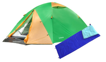 Палатка Sundays ZC-TT009-3P v2 (зеленый/желтый) со спальным мешком ZC-SB001 (синий)