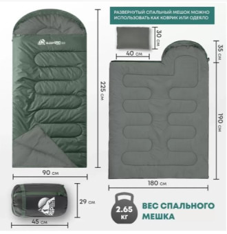 Спальный мешок RSP Sleep 450 BIG R (зелёный, 225x90см, молния справа)