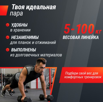 Гантели гексагональные обрезиненные UNIX Fit (50 кг, 2 шт)