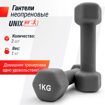 Гантель UNIX Fit неопреновая (1 кг, 2 шт, Серый)